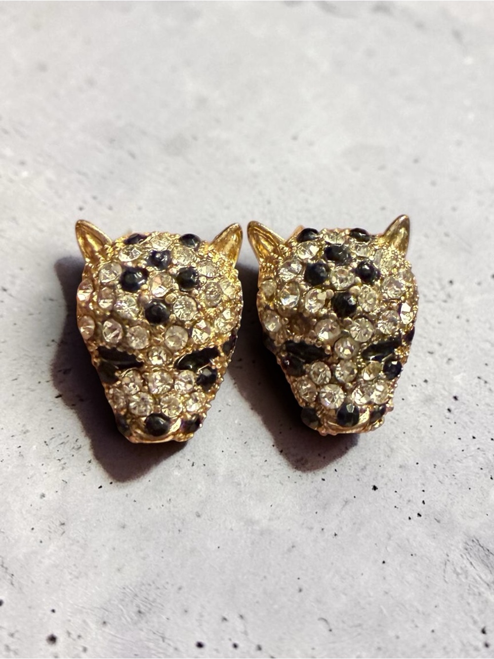Gold Panther Head Crystal Stud Earrings - Black & Clear